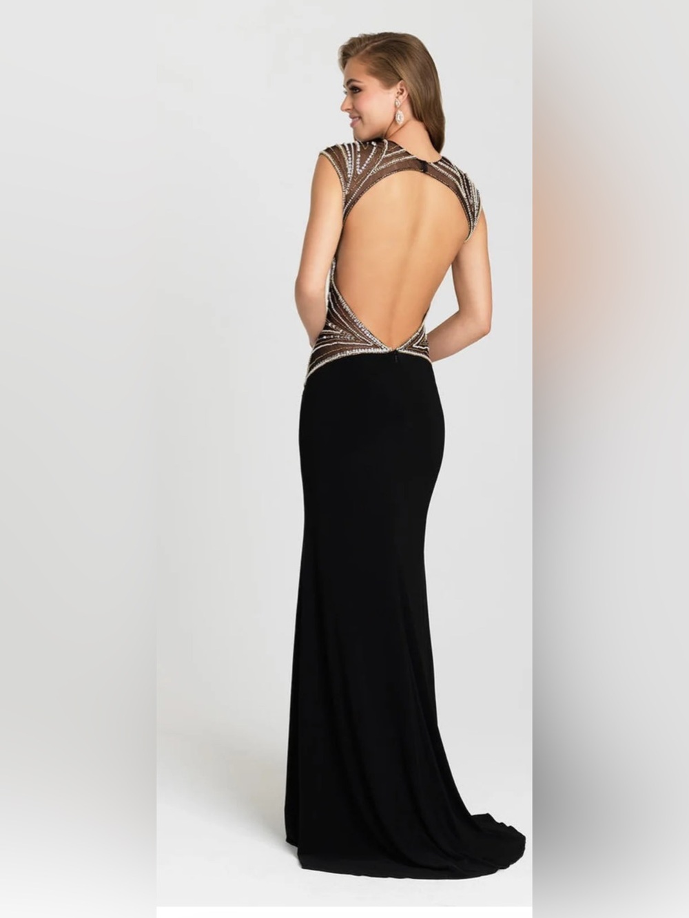 madison james Black Backless Evening Gown with Beaded Accents